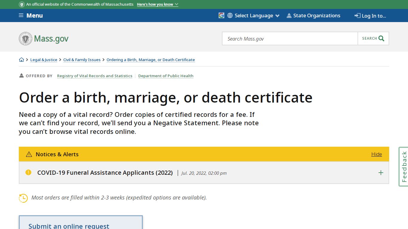 Order a birth, marriage, or death certificate | Mass.gov