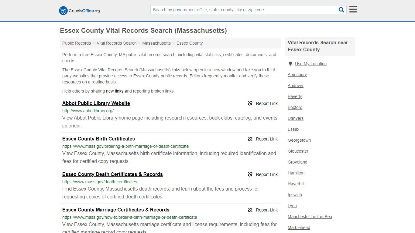 Essex County Vital Records Search (Massachusetts) - County Office